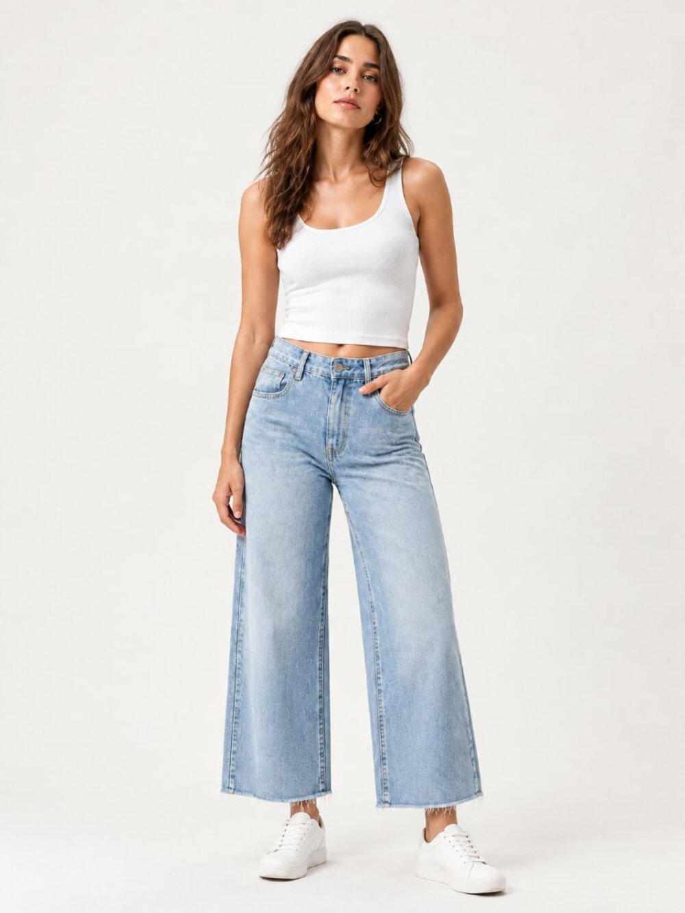 Princess Polly Light Wash High Rise Wide Leg Cropped Jeans Raw Hem Size 2